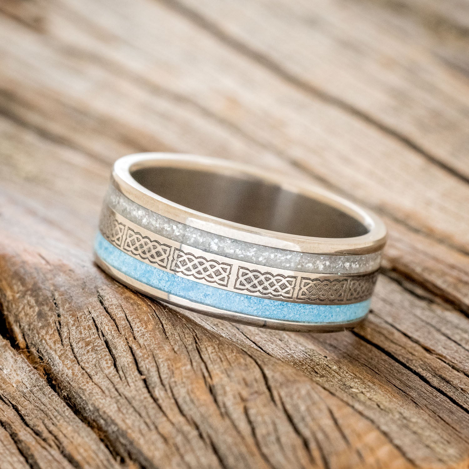 "RYDER" - CELTIC SAILOR'S KNOT ENGRAVED, DIAMOND DUST & TURQUOISE WEDDING RING-2