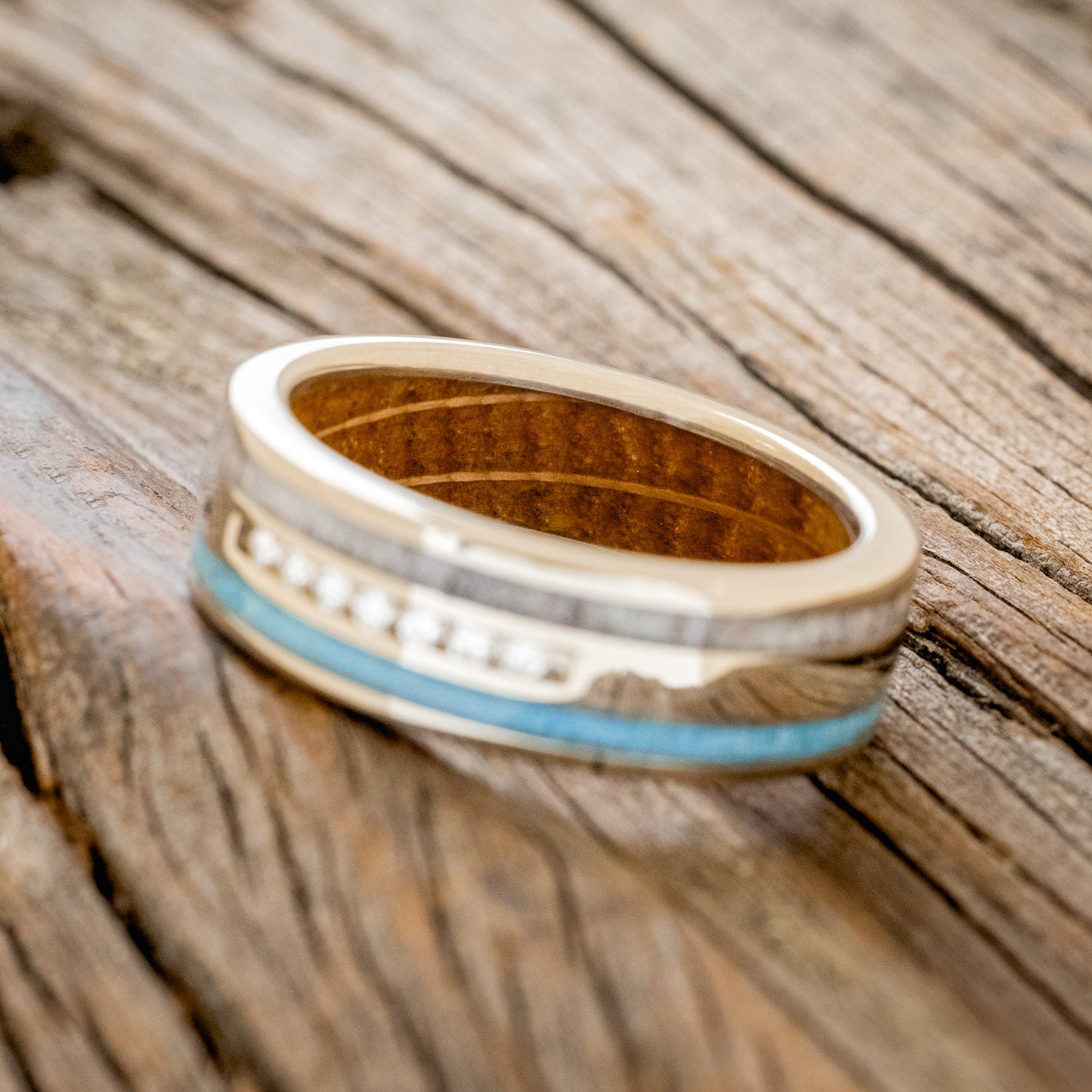 "RYDER" - DIAMONDS, ANTLER & TURQUOISE INLAYS WEDDING BAND WITH WHISKEY BARREL LINING-5