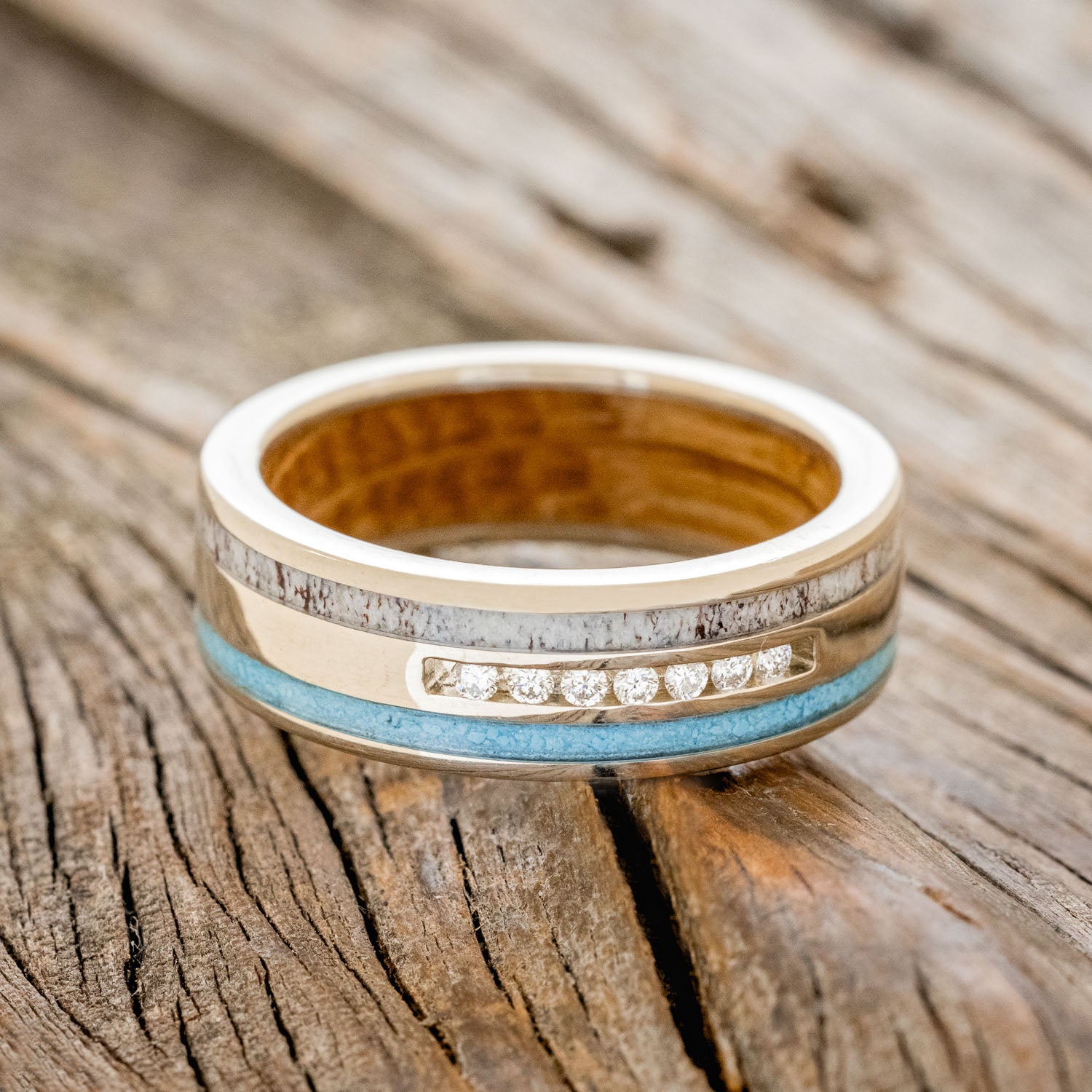 "RYDER" - DIAMONDS, ANTLER & TURQUOISE INLAYS WEDDING BAND WITH WHISKEY BARREL LINING-3