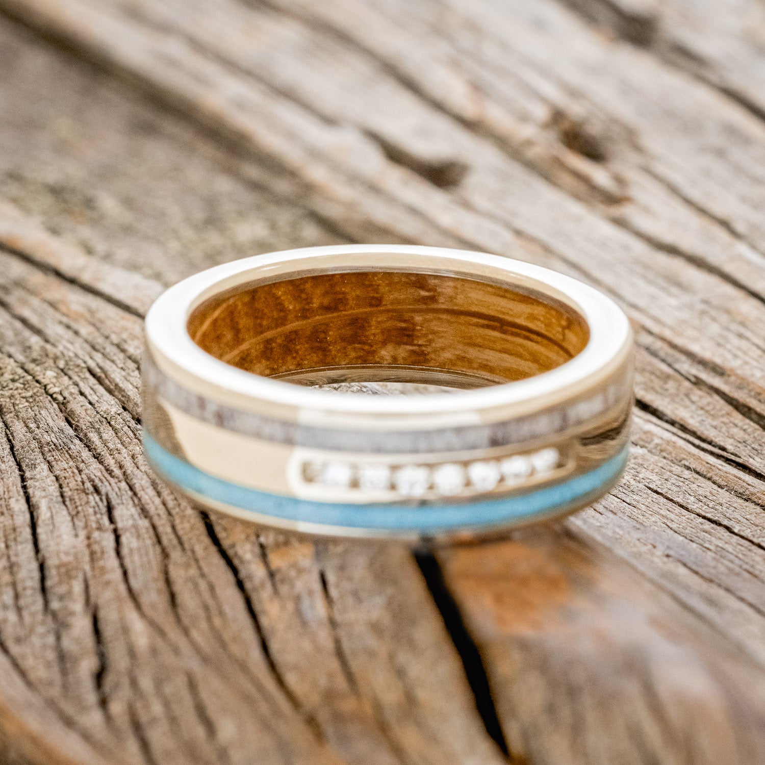 "RYDER" - DIAMONDS, ANTLER & TURQUOISE INLAYS WEDDING BAND WITH WHISKEY BARREL LINING-6