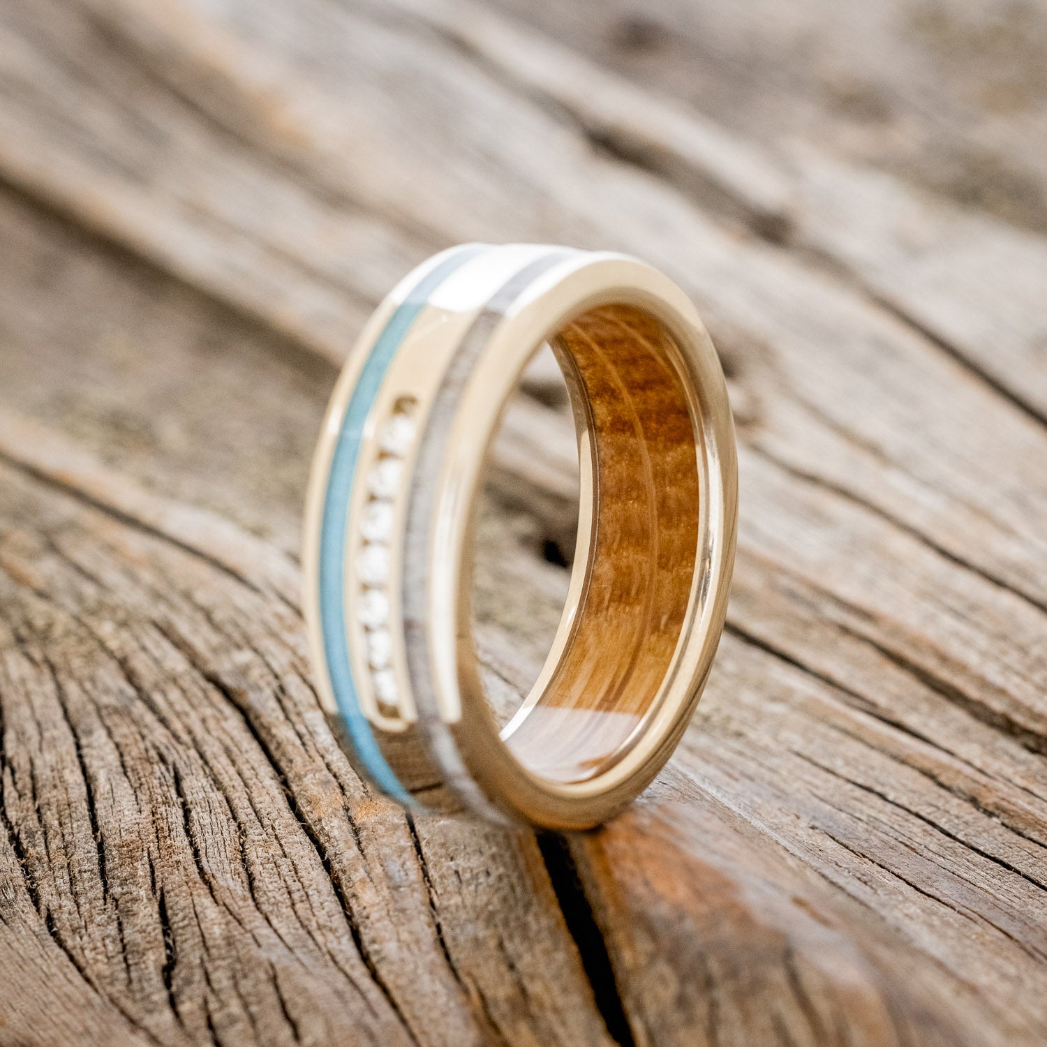 "RYDER" - DIAMONDS, ANTLER & TURQUOISE INLAYS WEDDING BAND WITH WHISKEY BARREL LINING-4