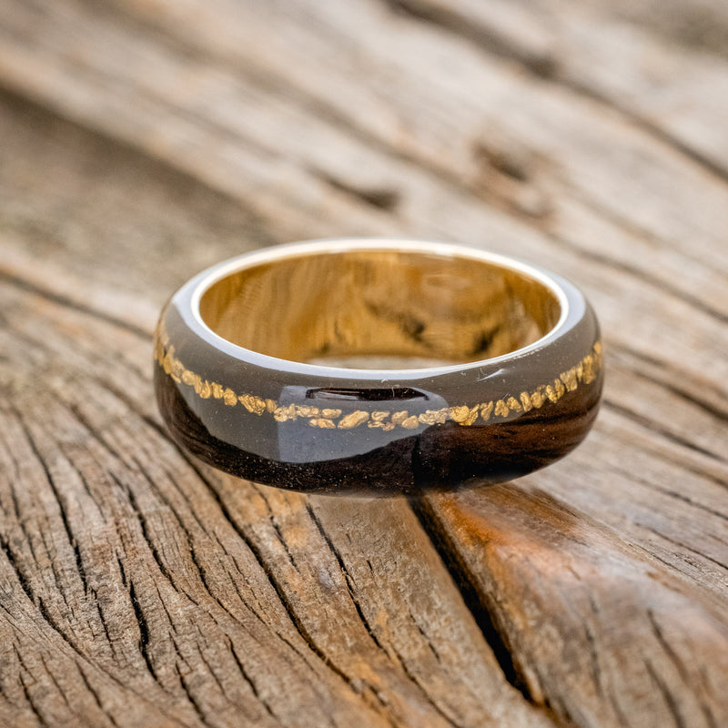 "REMMY" - AFRICAN BLACK WOOD & GOLD NUGGETS WEDDING RING FEATURING A BLACK ZIRCONIUM BAND