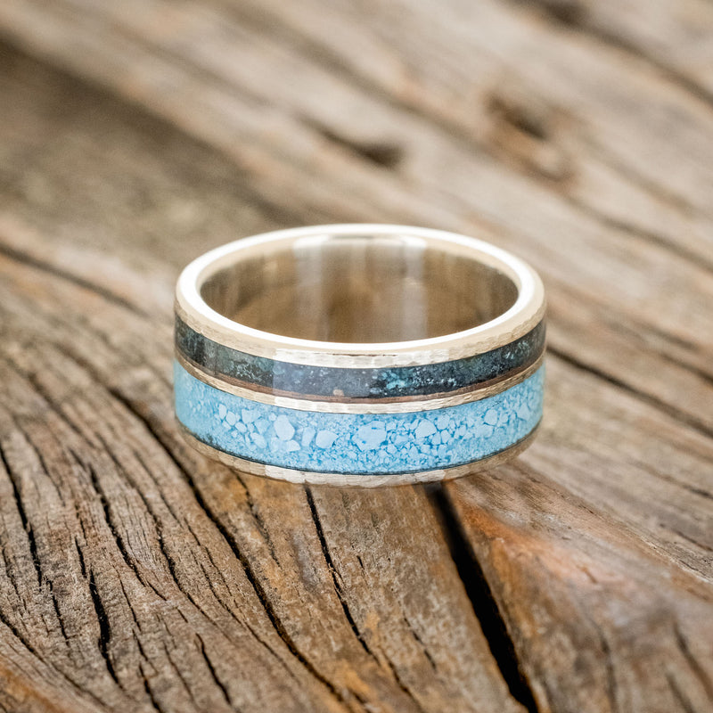 "RAPTOR" - PATINA COPPER & TURQUOISE WEDDING BAND WITH HAMMERED FINISH - 14K WHITE GOLD - SIZE 5 3/4
