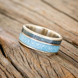 "RAPTOR" - PATINA COPPER & TURQUOISE WEDDING BAND WITH HAMMERED FINISH - 14K WHITE GOLD - SIZE 5 3/4
