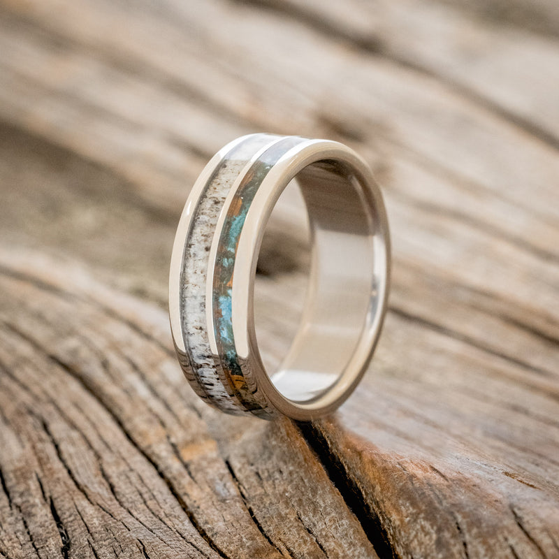 "DYAD" - PATINA COPPER & ANTLER WEDDING BAND - TITANIUM - SIZE 5-1