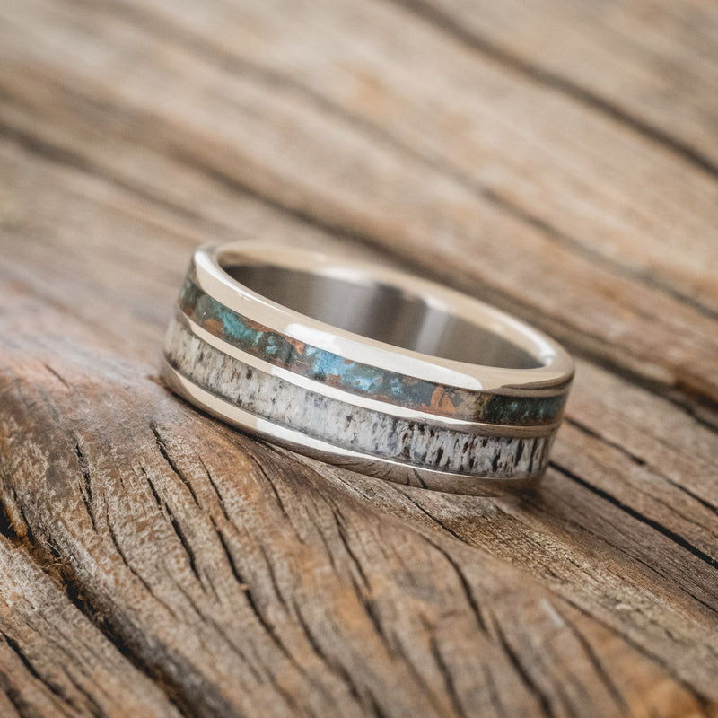 "DYAD" - PATINA COPPER & ANTLER WEDDING BAND - TITANIUM - SIZE 5-3