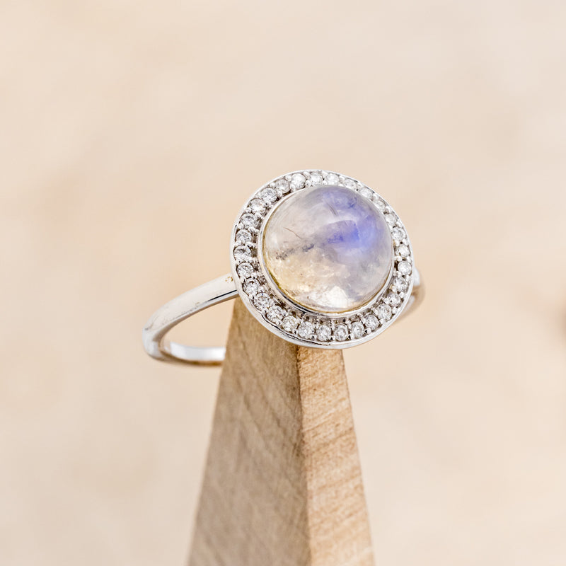 "TERRA" - ROUND CUT MOONSTONE ENGAGEMENT RING WITH DIAMOND HALO