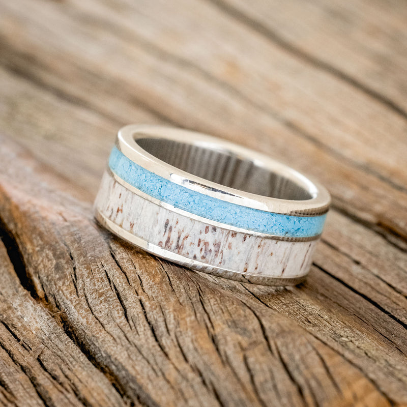 "RAPTOR" - TURQUOISE & ANTLER WEDDING RING FEATURING A DAMASCUS STEEL BAND