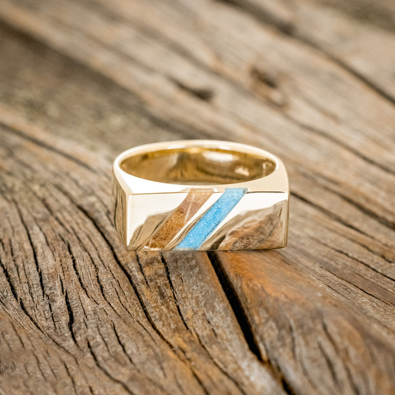 "TWAIN" - FLAT TOP WEDDING RING FEATURING DIAGONAL TURQUOISE & WHISKEY BARREL OAK INLAYS-3