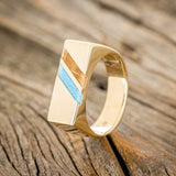 "TWAIN" - FLAT TOP WEDDING RING FEATURING DIAGONAL TURQUOISE & WHISKEY BARREL OAK INLAYS-1