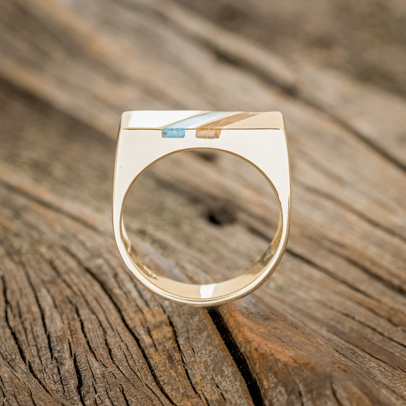 "TWAIN" - FLAT TOP WEDDING RING FEATURING DIAGONAL TURQUOISE & WHISKEY BARREL OAK INLAYS-4