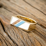 "TWAIN" - FLAT TOP WEDDING RING FEATURING DIAGONAL TURQUOISE & WHISKEY BARREL OAK INLAYS-2