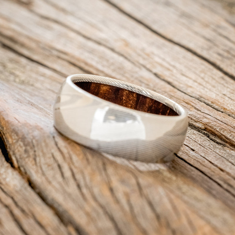 DOMED REDWOOD LINED WEDDING RING FEATURING DAMASCUS STEEL BAND-5