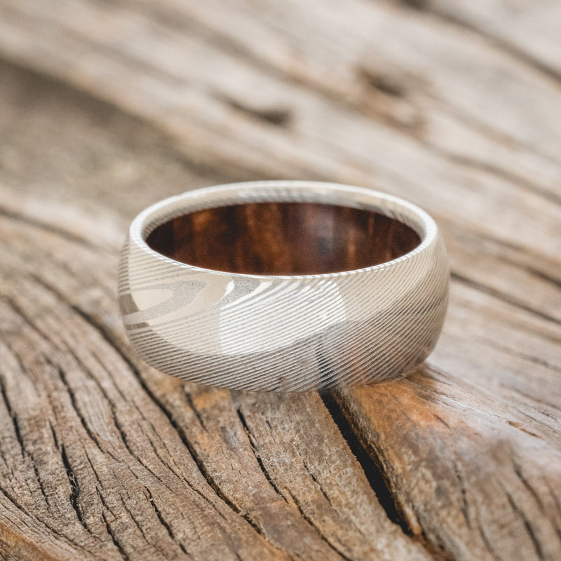 DOMED REDWOOD LINED WEDDING RING FEATURING DAMASCUS STEEL BAND-6