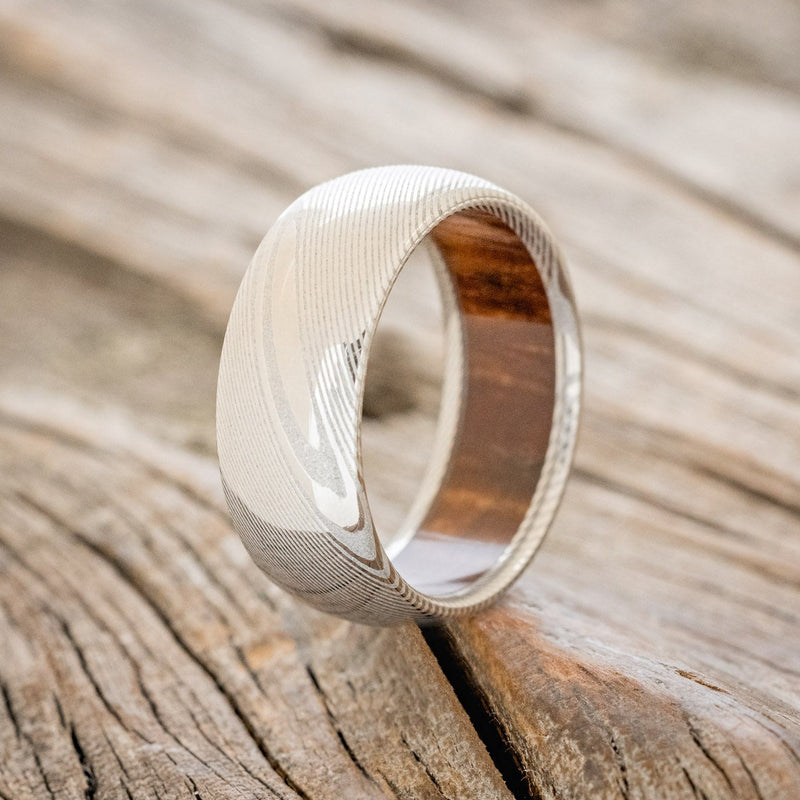 DOMED REDWOOD LINED WEDDING RING FEATURING DAMASCUS STEEL BAND-1