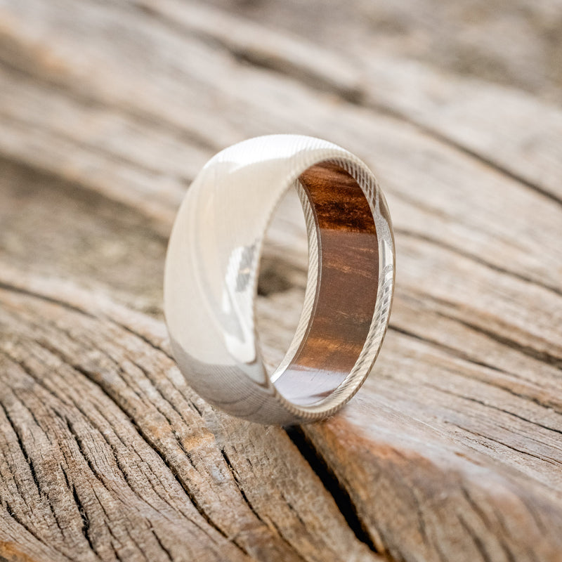 DOMED REDWOOD LINED WEDDING RING FEATURING DAMASCUS STEEL BAND-4