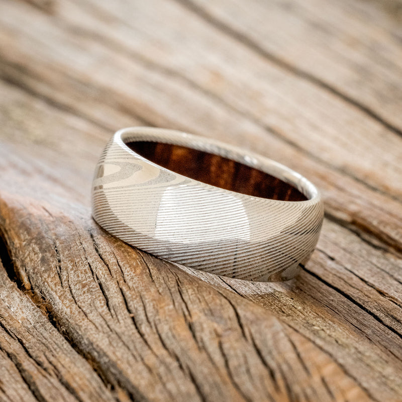 DOMED REDWOOD LINED WEDDING RING FEATURING DAMASCUS STEEL BAND-2