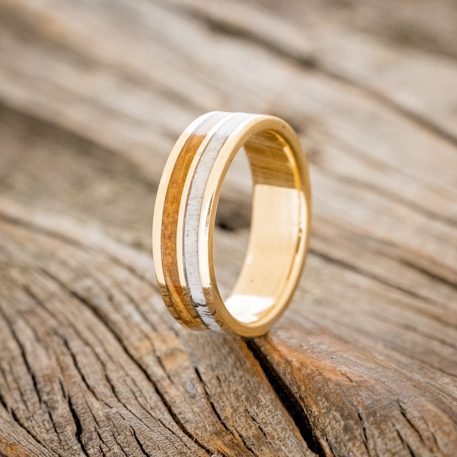 "DYAD" - WHISKEY BARREL OAK & ANTLER WEDDING RING FEATURING A 14K GOLD BAND-4