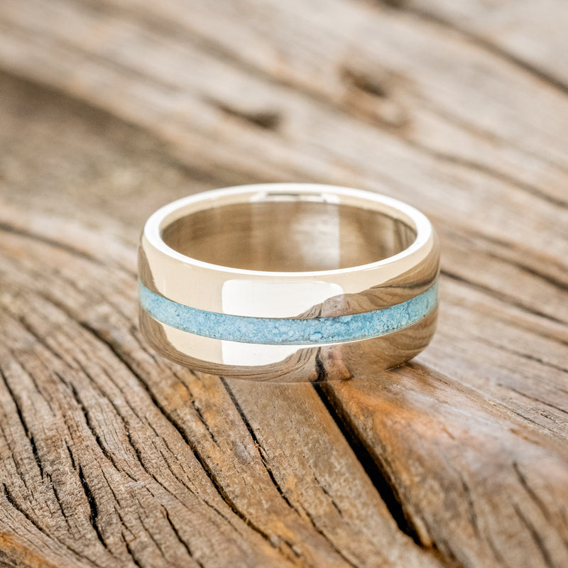 "NIRVANA" - CENTERED TURQUOISE WEDDING RING FEATURING A 14K GOLD BAND