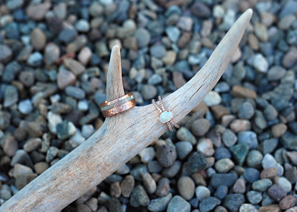 "VERTIGO" - OPAL WEDDING RING FEATURING A HAMMERED 14K GOLD BAND-4