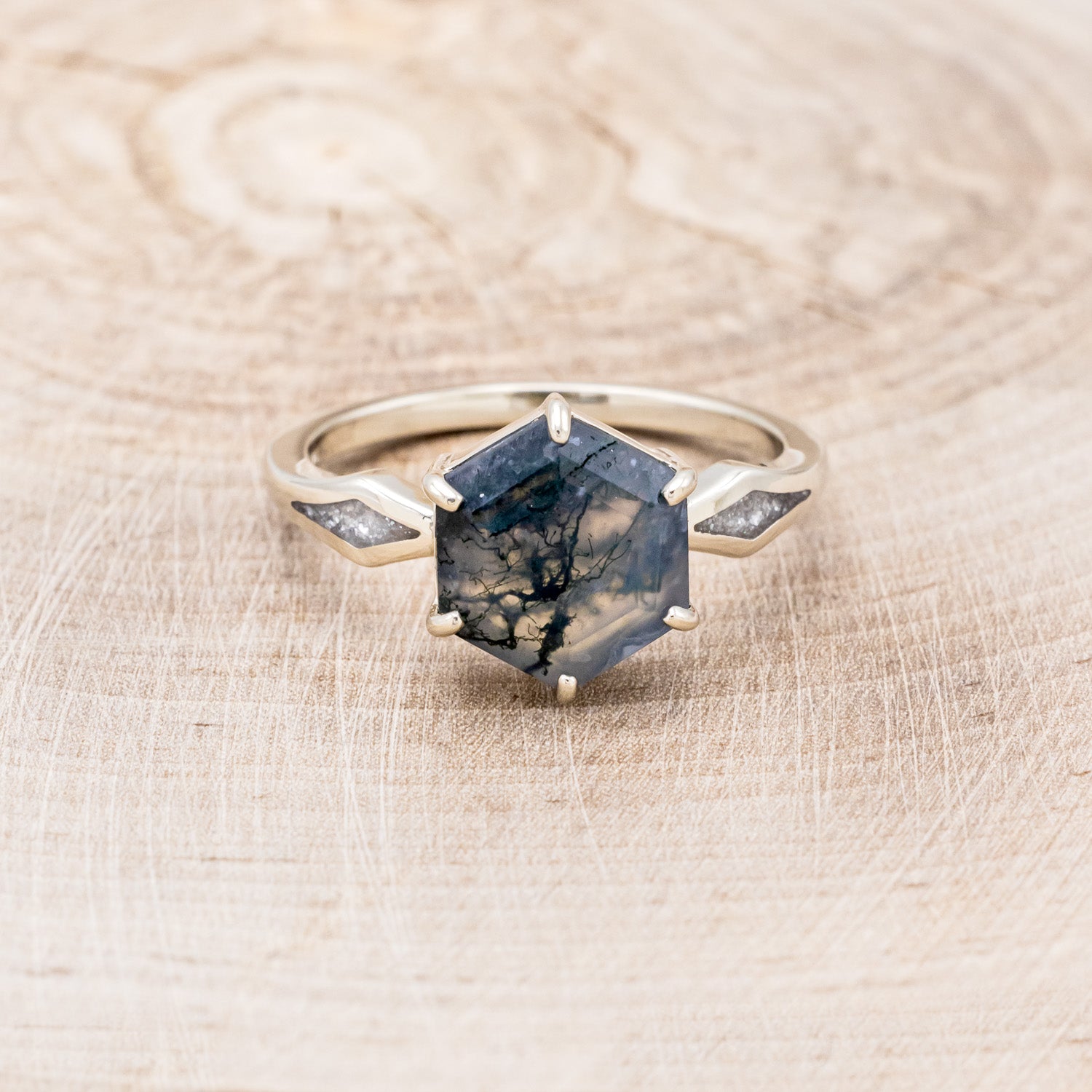 "LOVE STORY" - HEXAGON MOSS AGATE ENGAGEMENT RING WITH DIAMOND DUST INLAYS-10