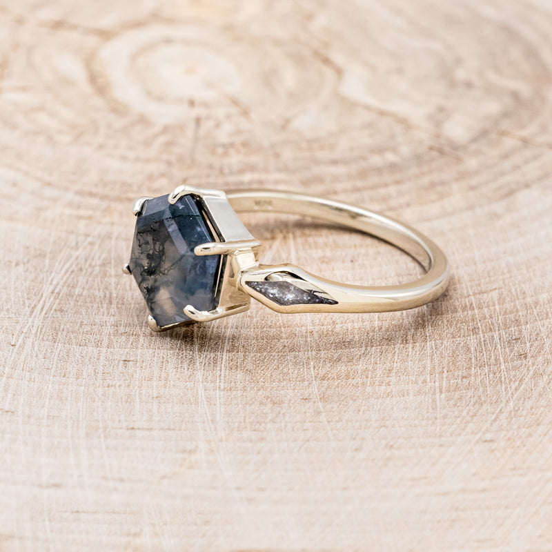 "LOVE STORY" - HEXAGON MOSS AGATE ENGAGEMENT RING WITH DIAMOND DUST INLAYS