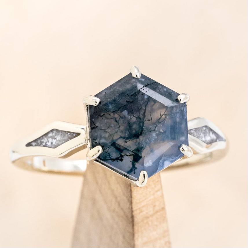 "LOVE STORY" - HEXAGON MOSS AGATE ENGAGEMENT RING WITH DIAMOND DUST INLAYS-7