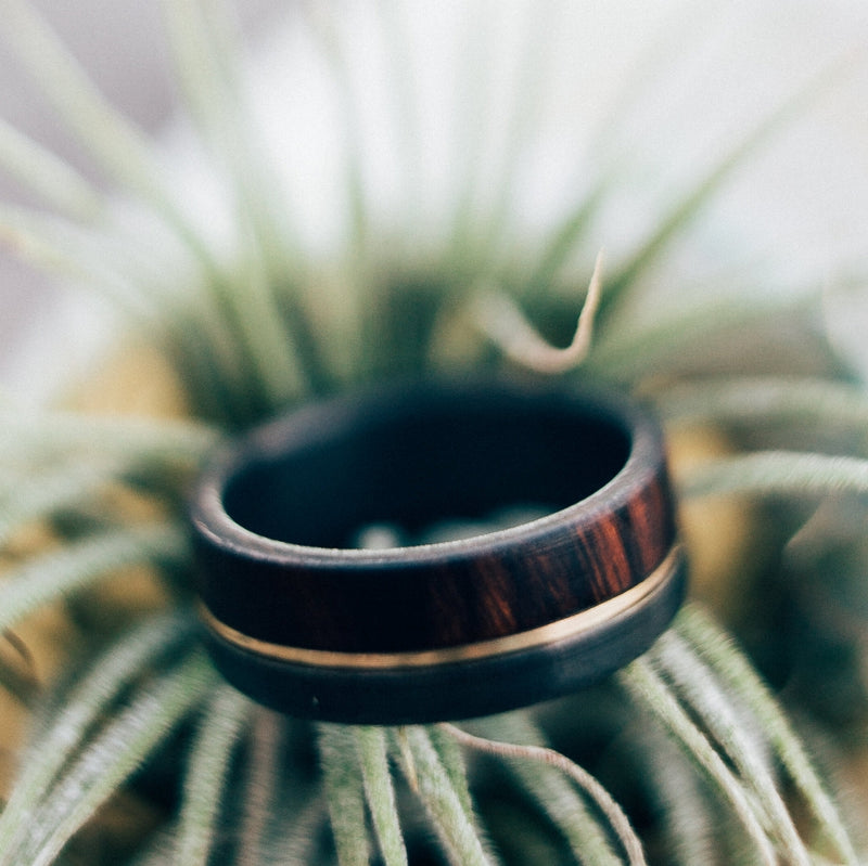 "LEDGER" WEDDING RING IN BLACK ZIRCONIUM, IRONWOOD & A 14K GOLD INLAY (available in black zirconium, silver, damascus steel & 14K white, yellow, or rose gold) - Staghead Designs - Antler Rings By Staghead Designs