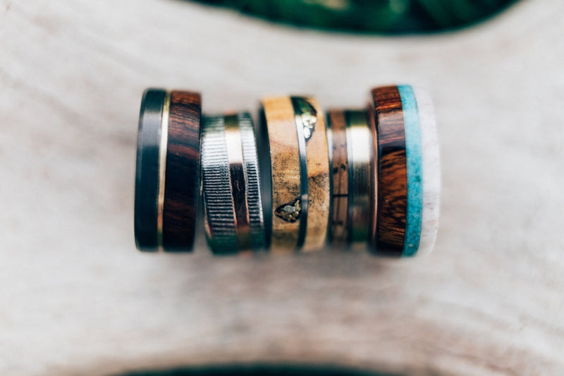 MEN'S WEDDING BAND FEATURING DAMASCUS STEEL & 14K GOLD INLAY (Inlay is available in 14K rose, white or yellow gold) - Staghead Designs - Antler Rings By Staghead Designs