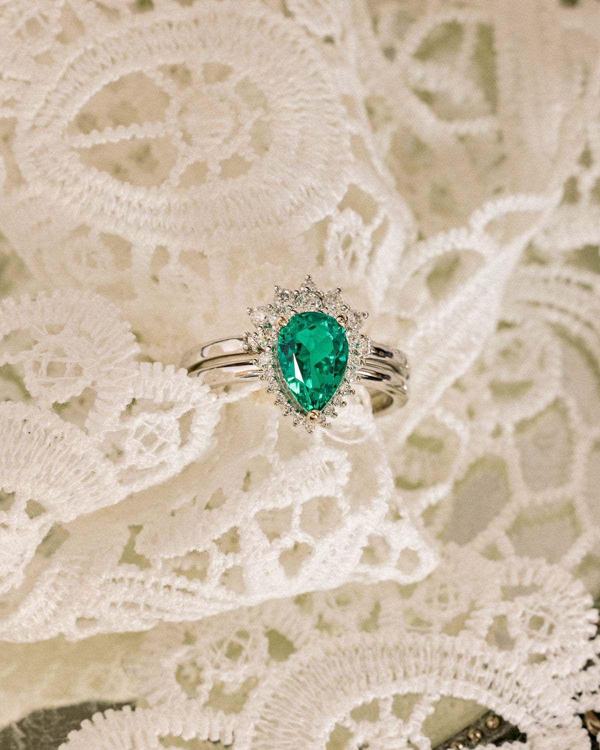 "LAVERNA" - PEAR-SHAPED LAB-GROWN EMERALD ENGAGEMENT RING WITH DIAMOND HALO-32