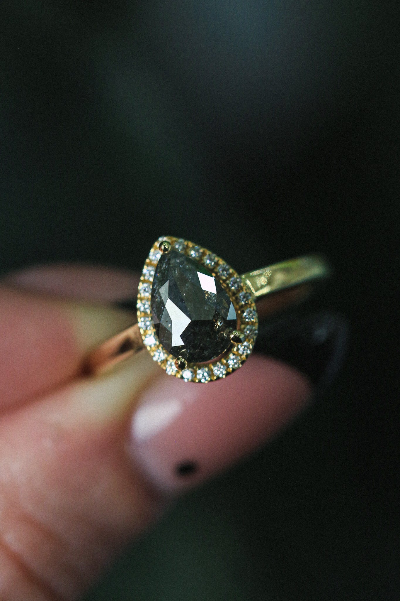 "LYDIA" - PEAR-SHAPED SALT & PEPPER DIAMOND ENGAGEMENT RING WITH DIAMOND HALO-13