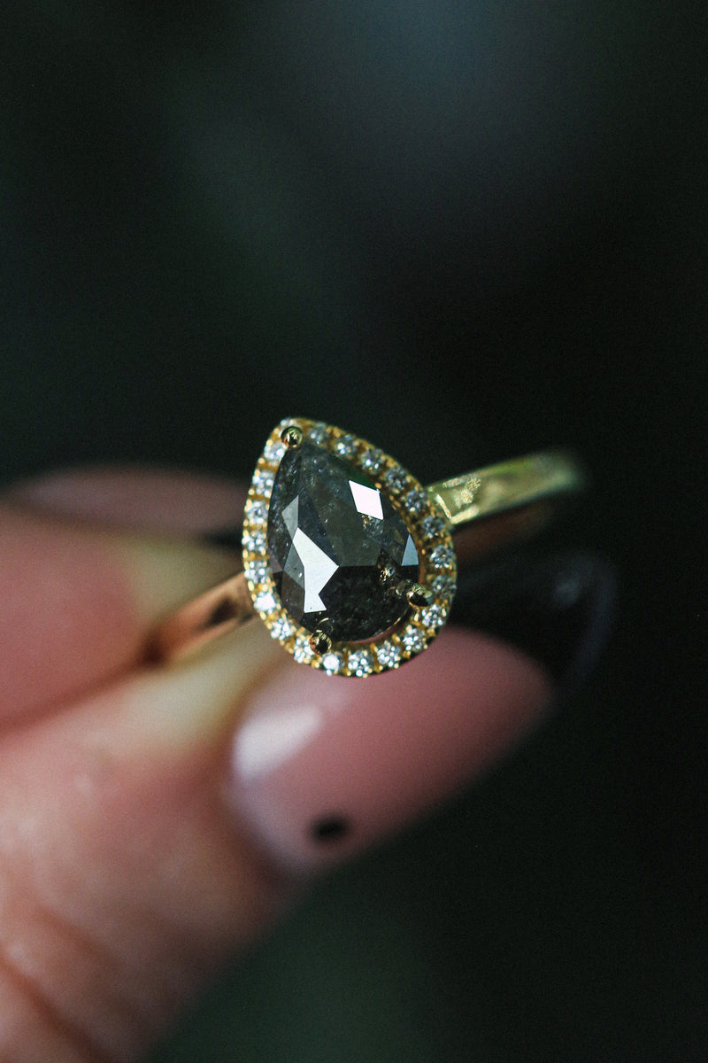 "LYDIA" - PEAR-SHAPED SALT & PEPPER DIAMOND ENGAGEMENT RING WITH DIAMOND HALO