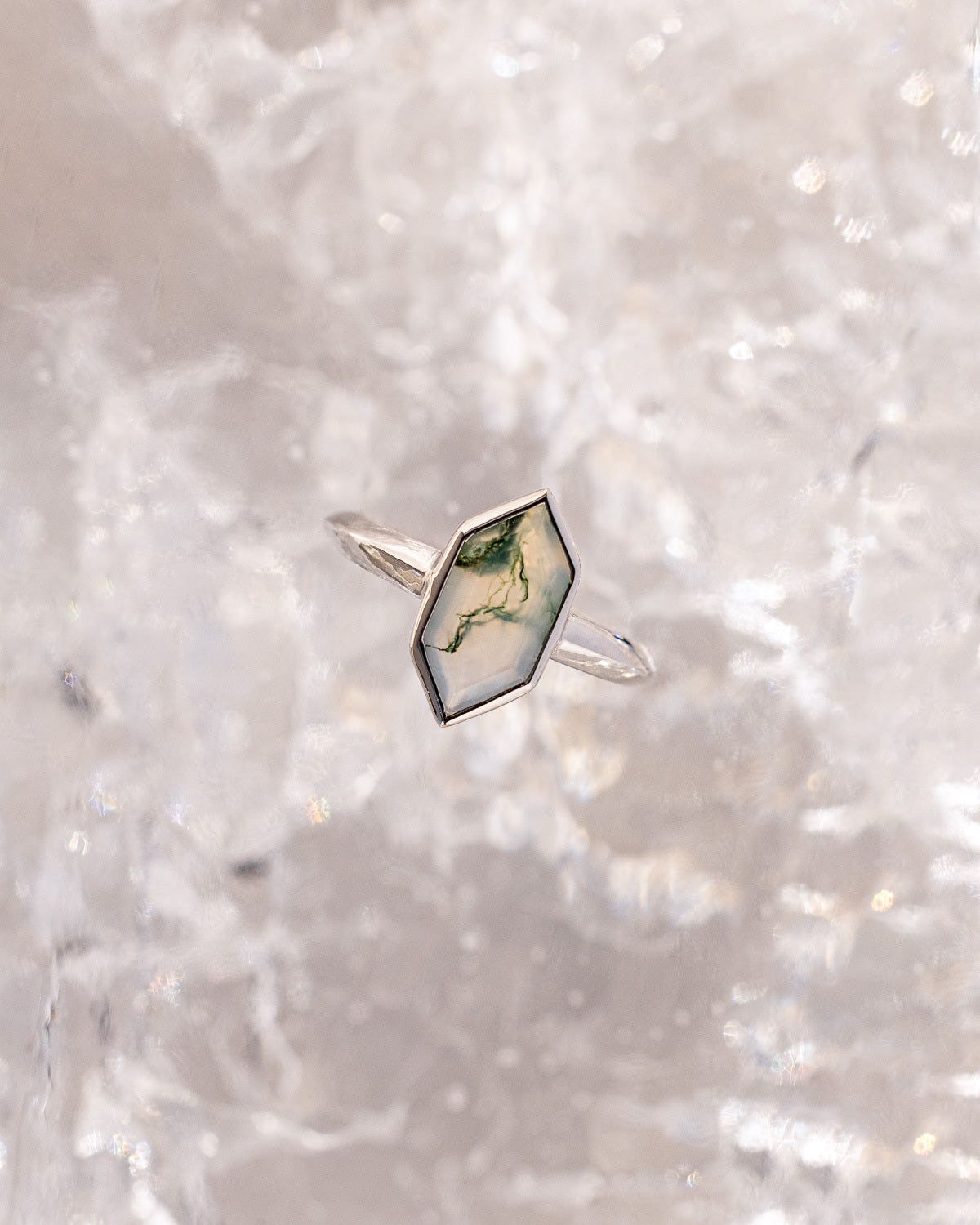 "CORA" - ELONGATED HEXAGON CUT MOSS AGATE SOLITAIRE ENGAGEMENT RING-18