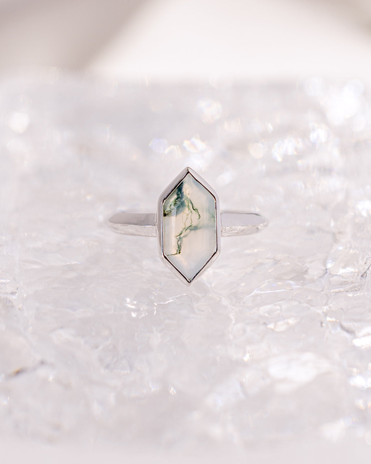 "CORA" - ELONGATED HEXAGON CUT MOSS AGATE SOLITAIRE ENGAGEMENT RING-19
