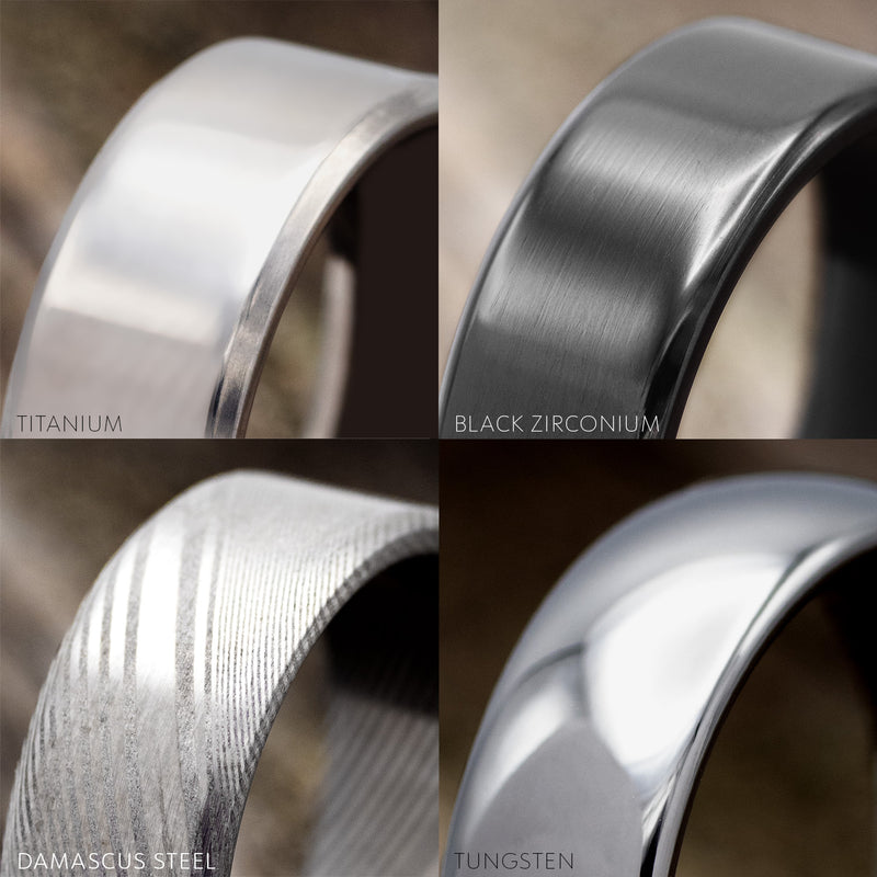 OFFSET ETCHED WEDDING RING FEATURING A DAMASCUS STEEL BAND