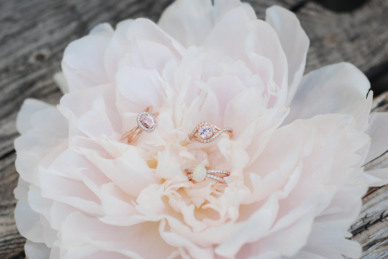 MORGANITE & DIAMOND HALO ENGAGEMENT RING SET ON A 14K GOLD BAND (available in 14K yellow, rose, or white gold) - Staghead Designs - Antler Rings By Staghead Designs