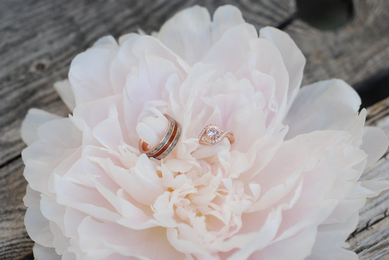 MORGANITE & DIAMOND HALO ENGAGEMENT RING SET ON A 14K GOLD BAND (available in 14K yellow, rose, or white gold) - Staghead Designs - Antler Rings By Staghead Designs