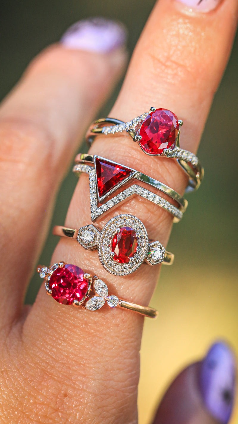 "JENNY FROM THE BLOCK" - TRIANGLE LAB-GROWN RUBY ENGAGEMENT RING WITH V-SHAPED DIAMOND BAND