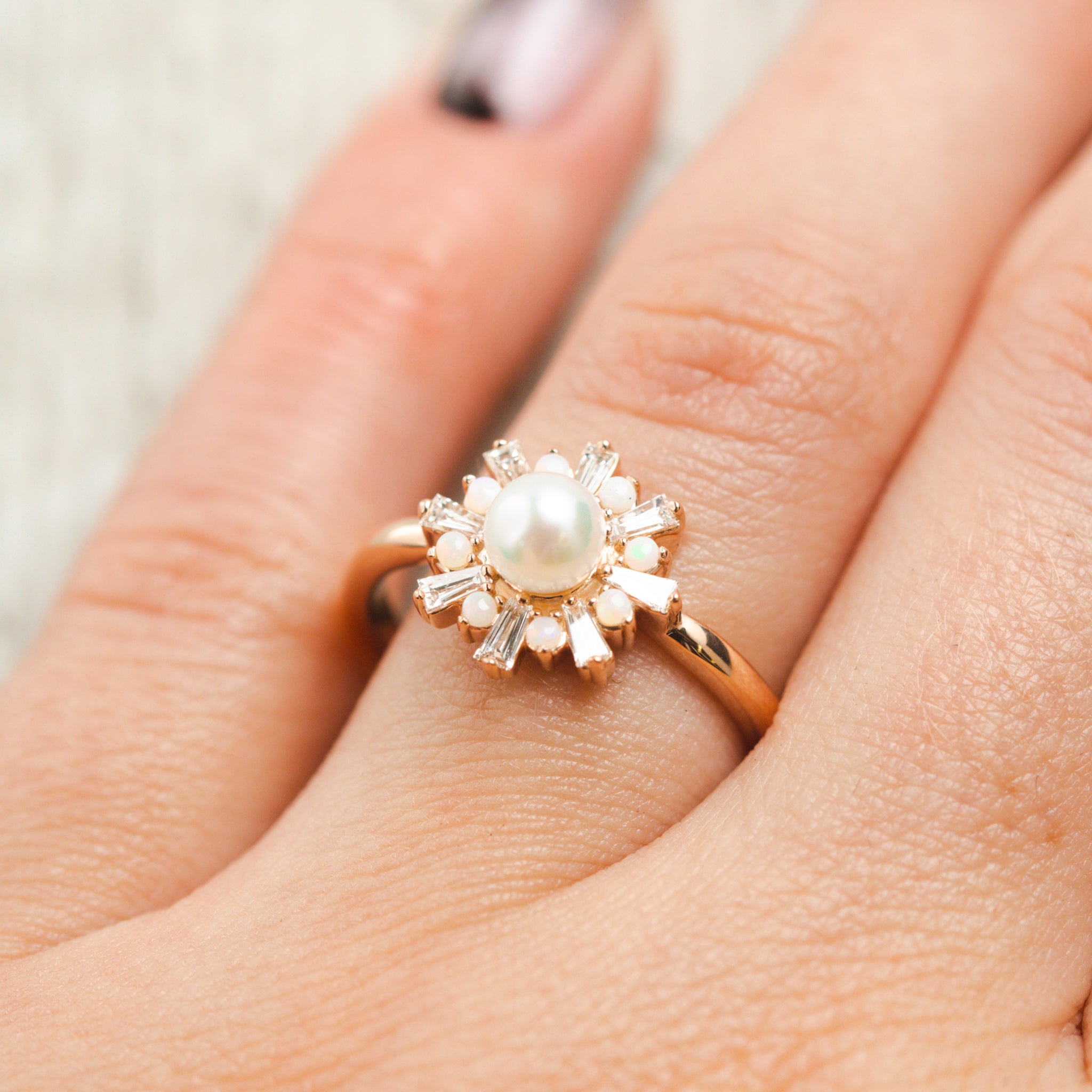 "DOROTHEA" - WHITE AKOYA PEARL ENGAGEMENT RING WITH DIAMOND & OPAL ACCENTS-13