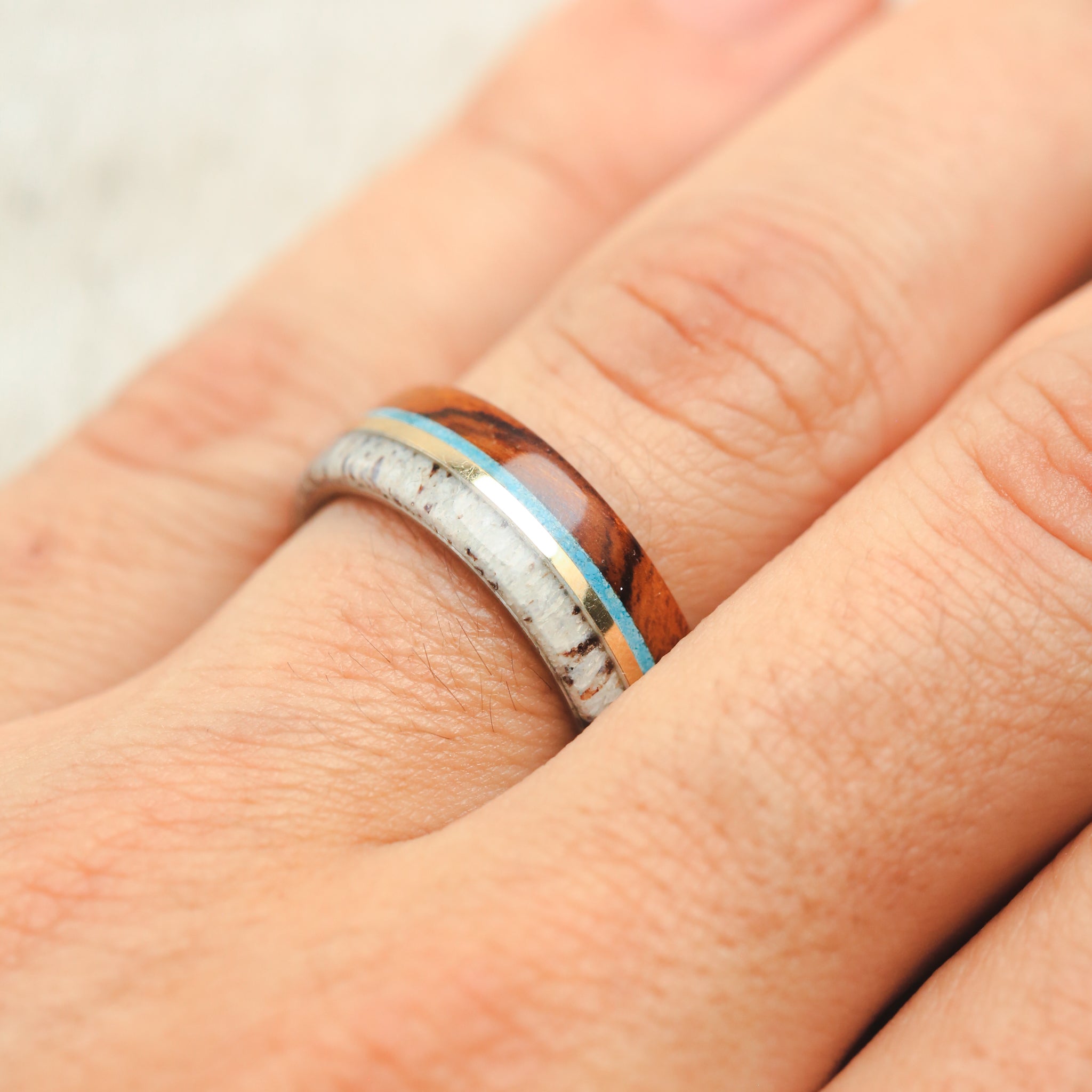 "ARGOS" - ANTLER, TURQUOISE, 14K GOLD & IRONWOOD WEDDING RING-4