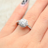 "OPHELIA" - CUSHION CUT MOISSANITE ENGAGEMENT RING WITH DIAMOND HALO &  ACCENTS