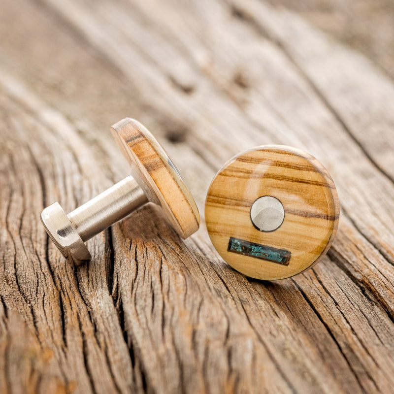 AUTHENTIC BETHLEHEM OLIVE WOOD CUFFLINKS WITH – Staghead INLAYS COPPER Designs PATINA