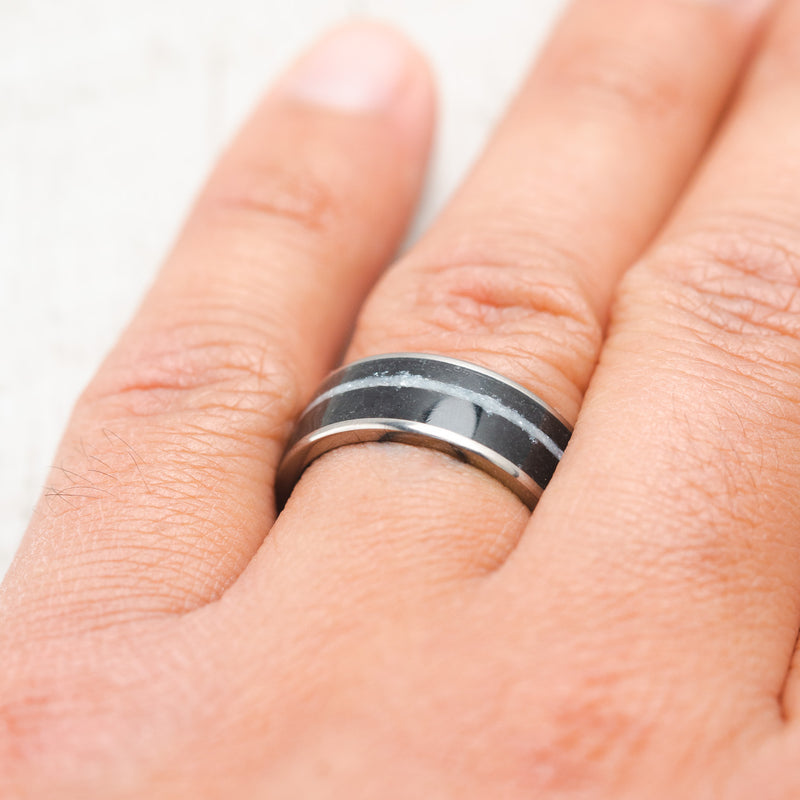 "RAINIER" - AFRICAN BLACK WOOD & OFFSET BLUE OPAL WEDDING BAND-7