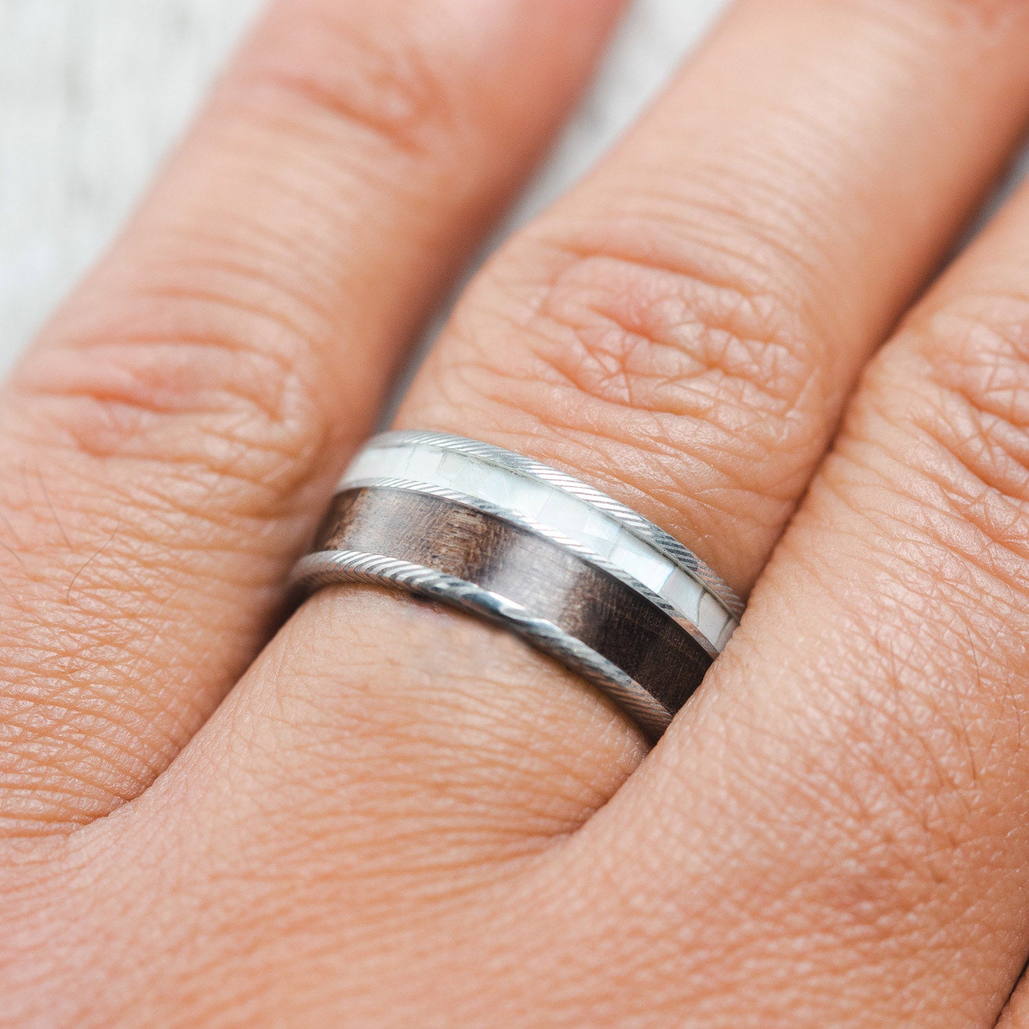 "RAPTOR" - MOTHER OF PEARL & REDWOOD WEDDING BAND - READY TO SHIP-11