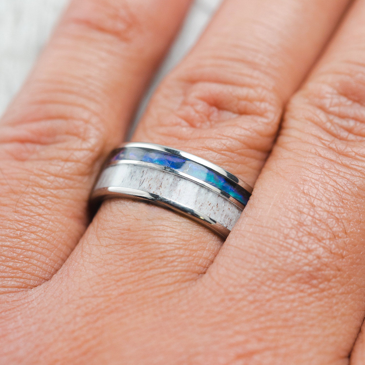 "RAPTOR" - PAUA SHELL & ANTLER WEDDING BAND - READY TO SHIP-7