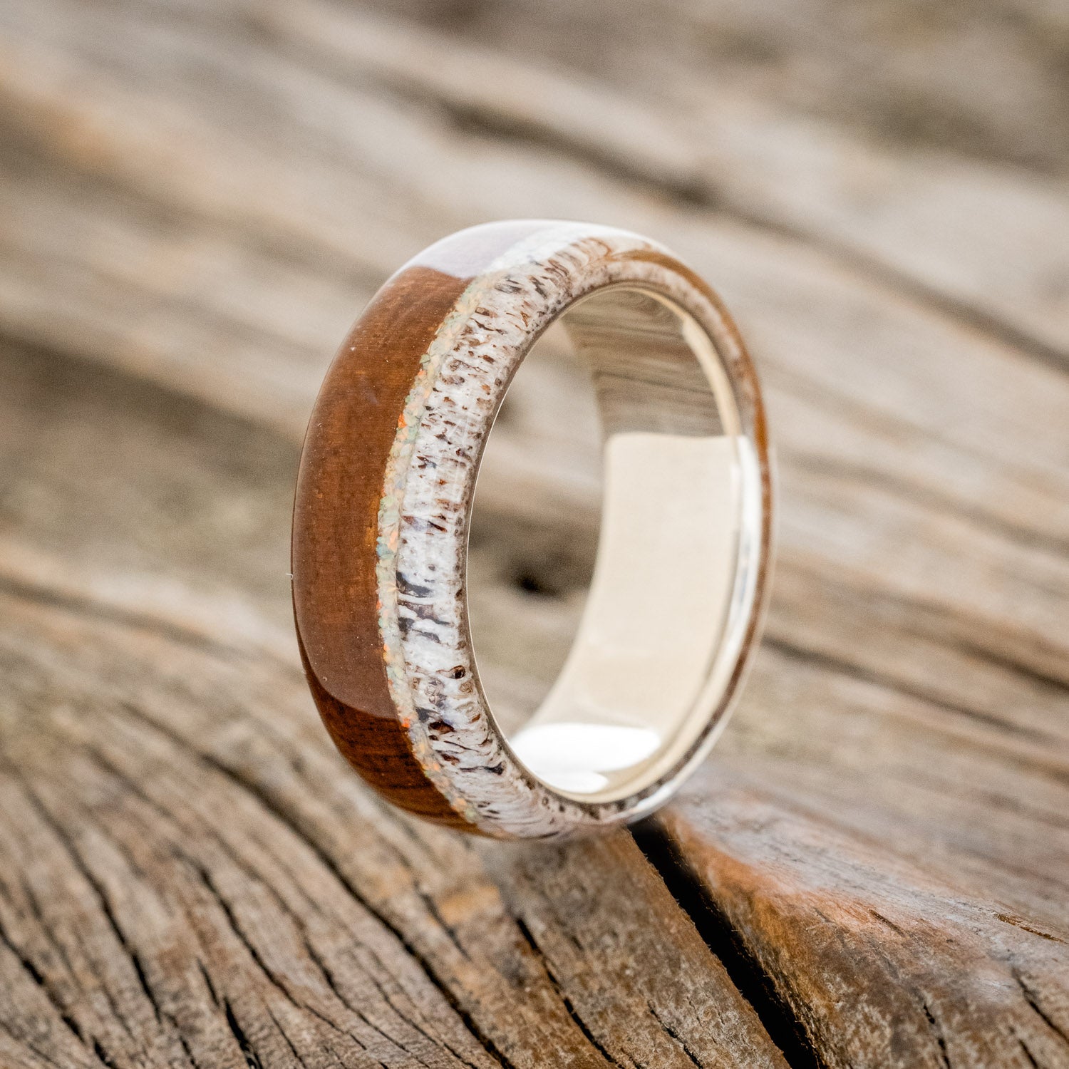"REMMY" - IRONWOOD, ANTLER & FIRE & ICE OPAL WEDDING RING-4