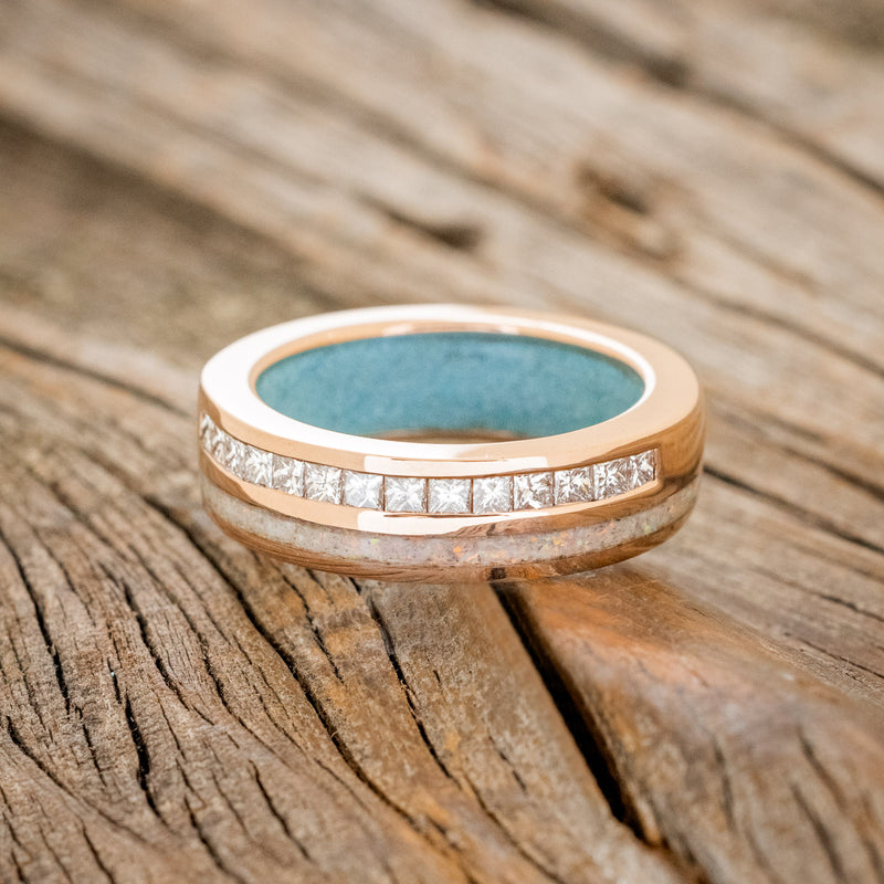 "MEMPHIS" - DIAMONDS & FIRE AND ICE OPAL WEDDING BAND FEATURING A TURQUOISE LINED 14K GOLD BAND-9