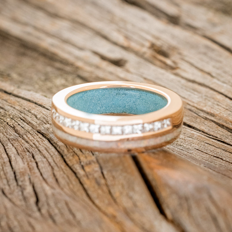 "MEMPHIS" - DIAMONDS & FIRE AND ICE OPAL WEDDING BAND FEATURING A TURQUOISE LINED 14K GOLD BAND-12