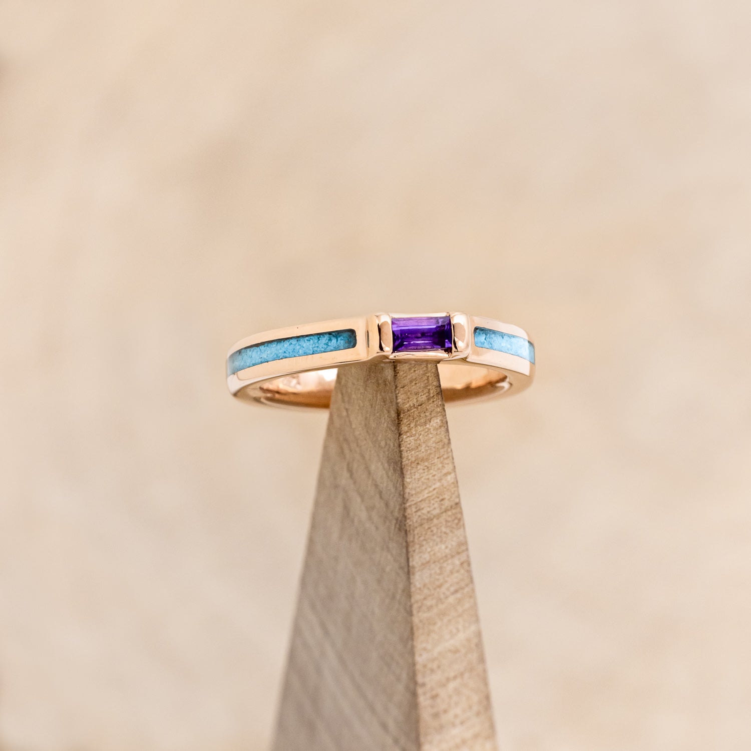 14K GOLD WEDDING BAND WITH AMETHYST CENTER STONE & TURQUOISE INLAYS-7