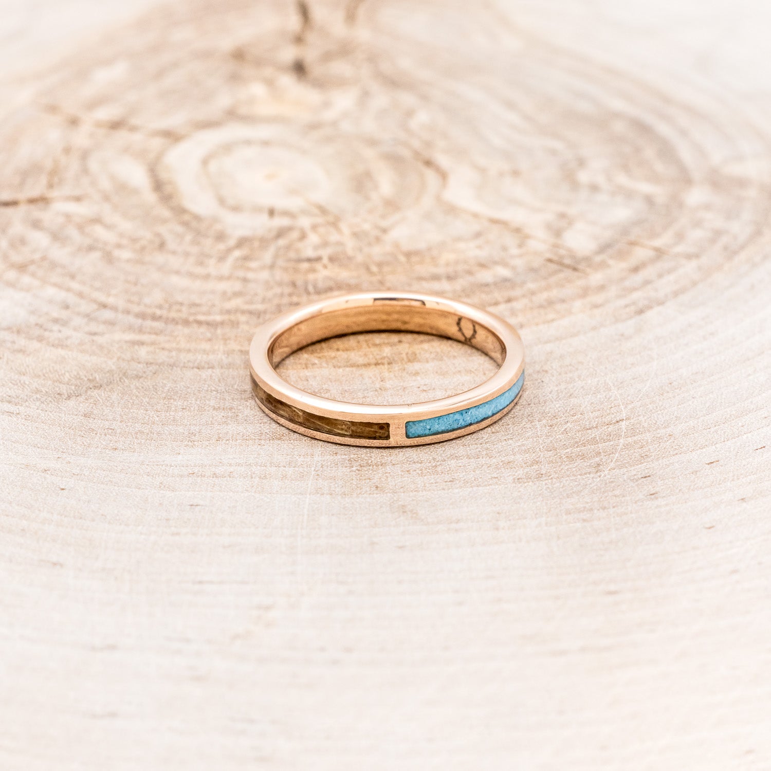 "HARMONY" - TURQUOISE & WHISKEY BARREL OAK SPLIT STACKING BAND-7